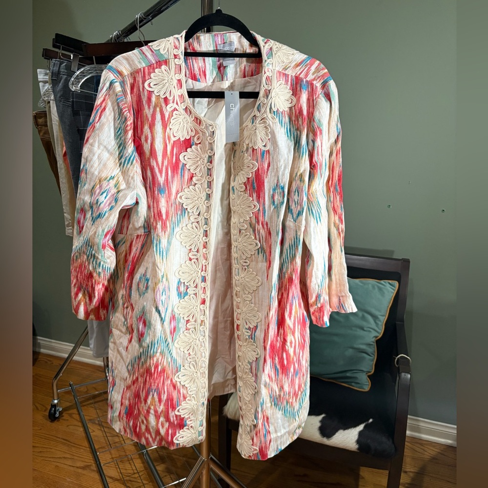 Chico's Vibrant Patterned Cardigan with Lace Trim